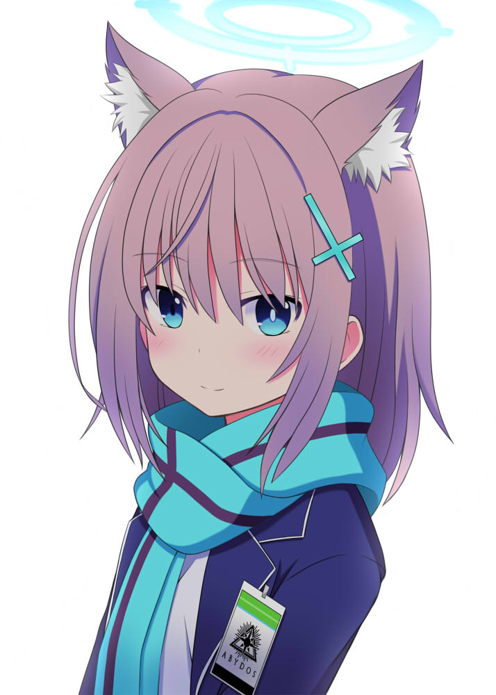 1girl, animal_ear_fluff, animal_ears, aqua_scarf, blazer, blue_archive, blue_eyes, blue_halo, blue_jacket, blush, commentary_request, cross_hair_ornament, from_side, grey_hair, hair_between_eyes, hair_ornament, halo, id_card, jacket, koriyuo, looking_at_viewer, medium_hair, mismatched_pupils, open_clothes, open_jacket, partial_commentary, scarf, school_emblem, shiroko_(blue_archive), shirt, sidelocks, simple_background, smile, solo, striped_clothes, striped_scarf, upper_body, white_background, white_shirt, wolf_ears