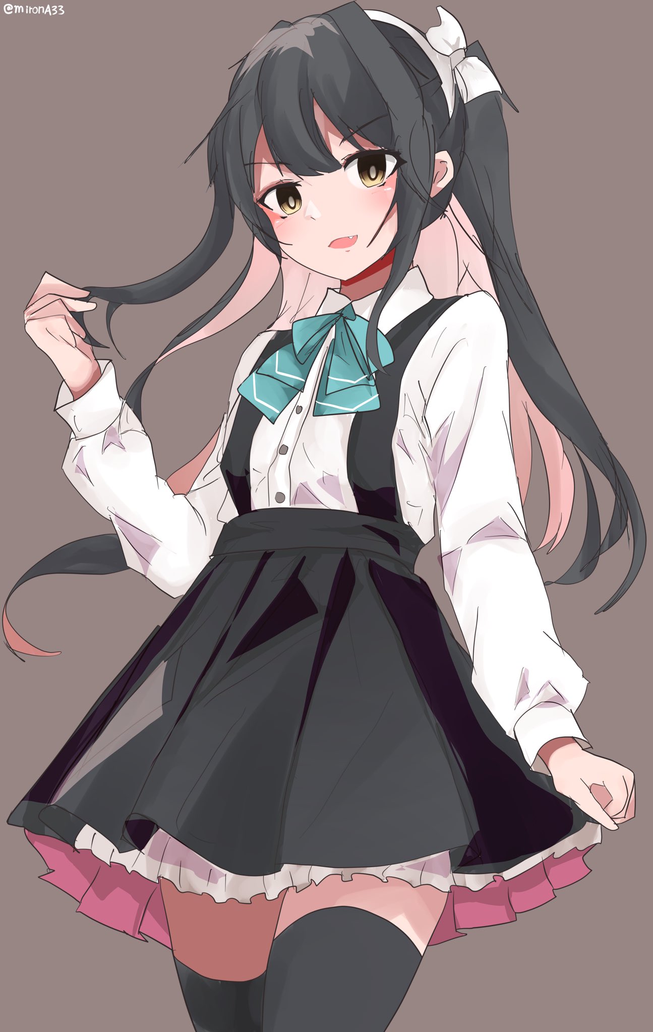 1girl, black_hair, black_skirt, black_thighhighs, blush, bow, bowtie, breasts
