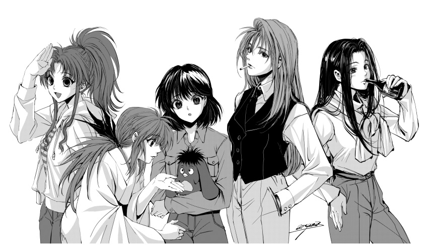 5girls, aosuna, botan_(yu_yu_hakusho), cigarette, denim, greyscale, highres, japanese_clothes