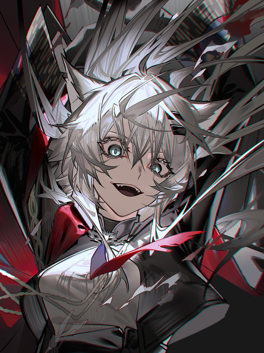 1girl, absurdres, antenna_hair, arknights, ascot, black_jacket, breasts, cropped_jacket, crossed_bangs, furittsu, gradient_ascot, grey_eyes, grey_hair, hair_between_eyes, hair_intakes, highres, jacket, lappland_(arknights), lappland_the_decadenza_(arknights), long_sleeves, looking_at_viewer, medium_breasts, messy_hair, open_clothes, open_jacket, open_mouth, portrait, purple_ascot, red_ascot, shirt, solo, teeth, upper_teeth_only, white_shirt