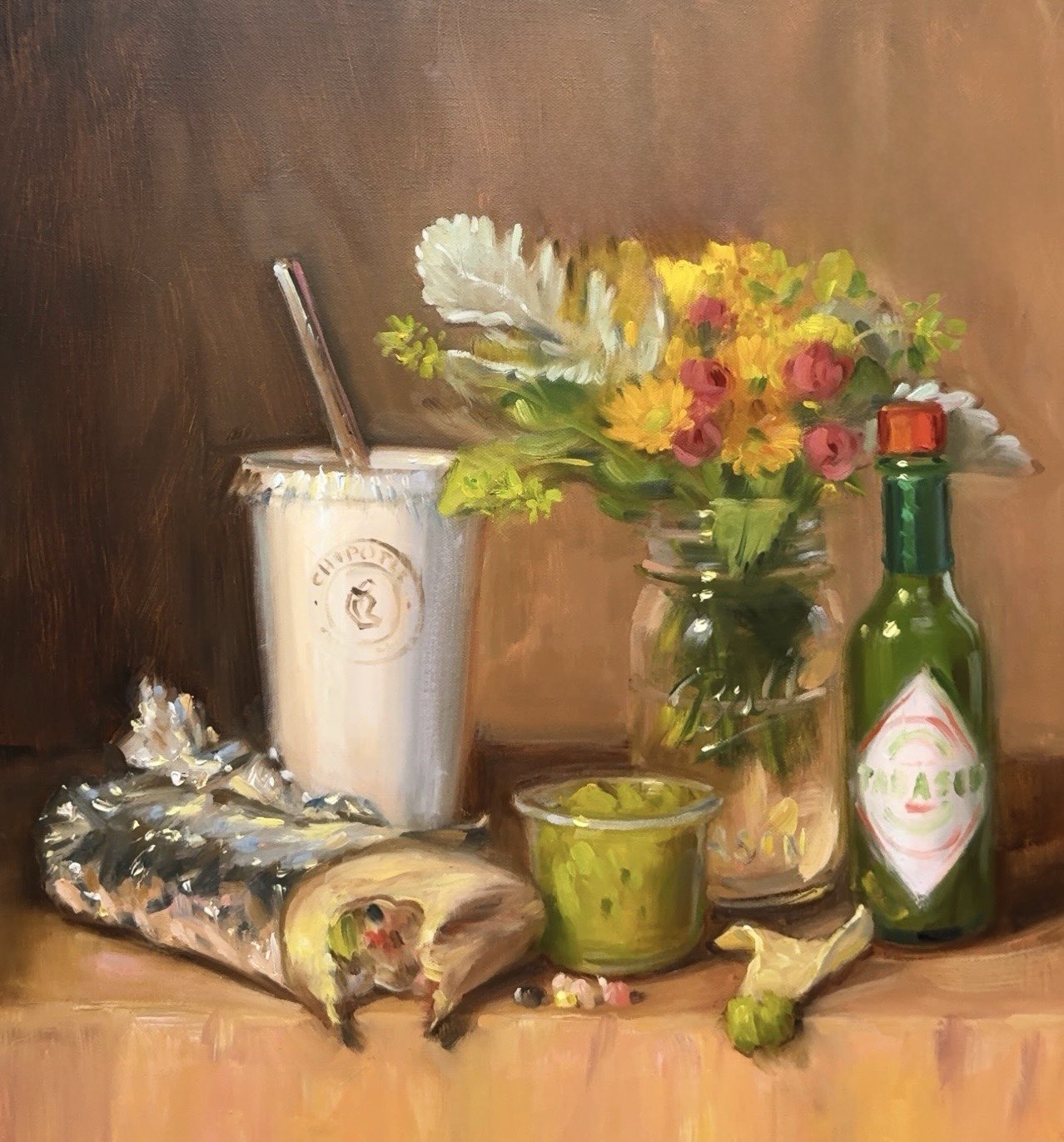bottle, bouquet, burrito, chipotle_mexican_grill, cup, disposable_cup, drinking_straw, english_commentary, flower, foil, food, food_focus, guacamole, highres, hot_sauce, jar, no_humans, noah_verrier, oil_painting_(medium), painting_(medium), still_life, tabasco, traditional_media, yellow_flower