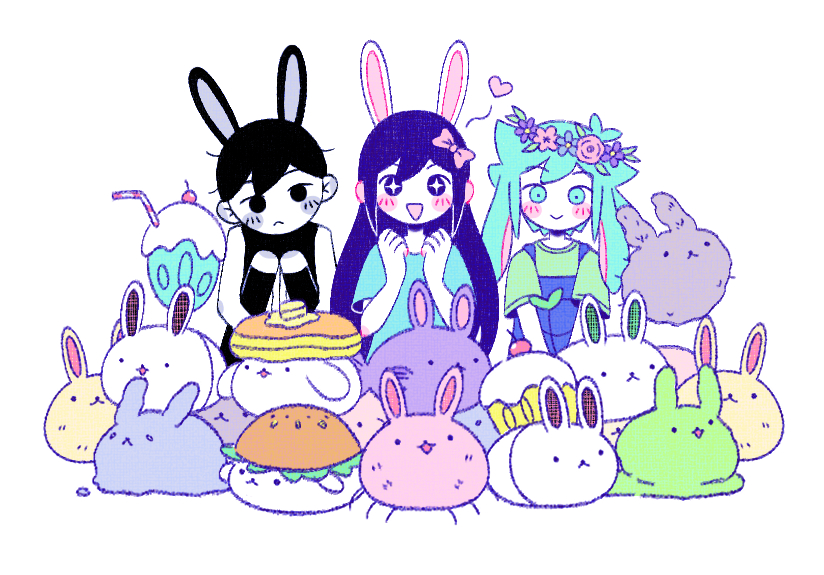 +_+, 1girl, 2727_onigiri, 2boys, :<, animal_ears, antenna_hair, aubrey_(headspace)_(omori)
