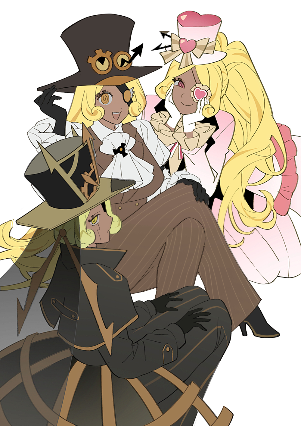 3girls, :d, @_@, adjusting_clothes, adjusting_headwear, arrow_(symbol), ascot, black_boots