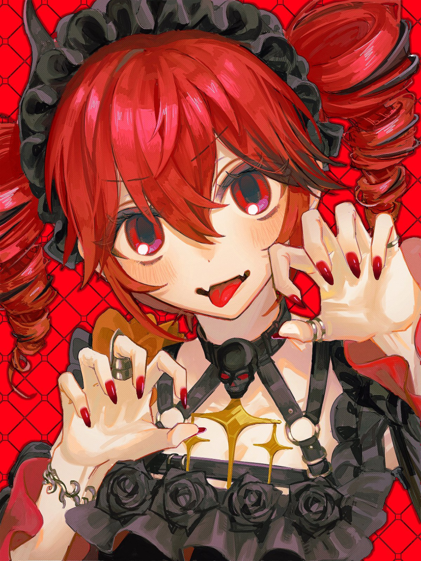 1girl, black_dress, black_hairband, black_horns, blush, claw_pose, double-parted_bangs, dress, drill_hair, fangs, frilled_hairband, frills, hair_between_eyes, hairband, hashtag-only_commentary, highres, horns, jewelry, kasane_teto, kasane_teto_(halloween), looking_at_viewer, red_background, red_eyes, red_hair, red_nails, ring, sawara_wara, sharp_teeth, simple_background, solo, teeth, tongue, tongue_out, twin_drills, twintails, upper_body, utau