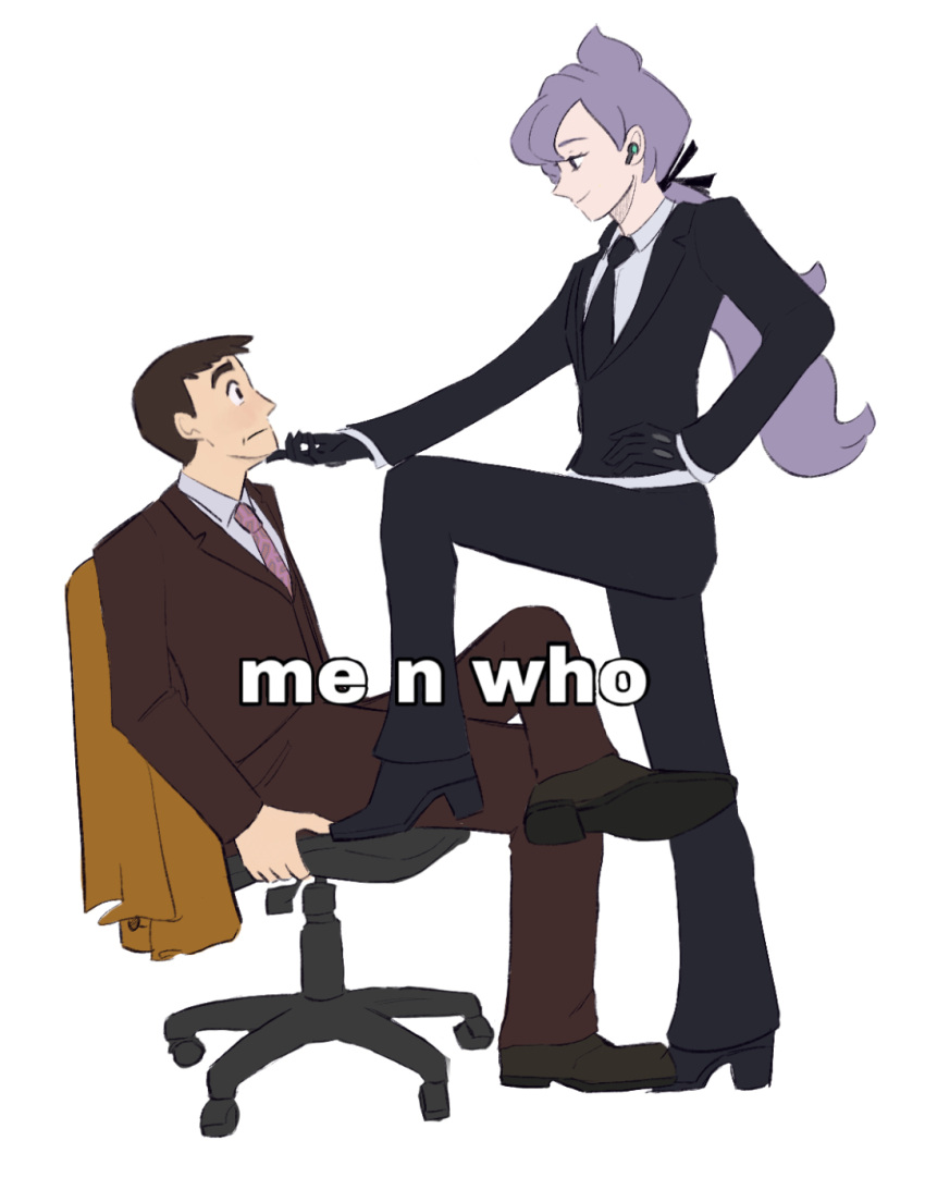 1boy, 1girl, anabel_(pokemon), black_gloves, black_necktie, black_shoes, chair, coat