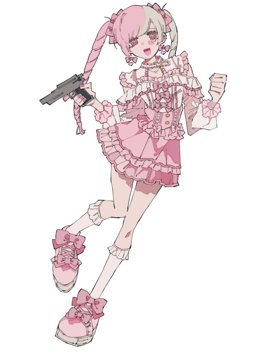 1girl, :d, artistic_error, bare_shoulders, blush, bow, bow_skirt, bright_pupils