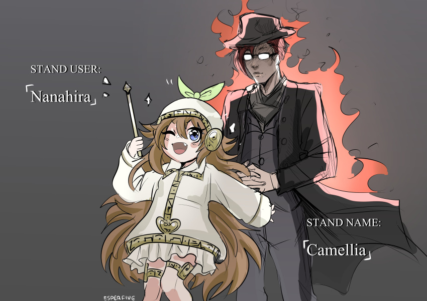 1boy, 1girl, 4orce!, absurdres, black_coat, blue_eyes, bow, brown_hair