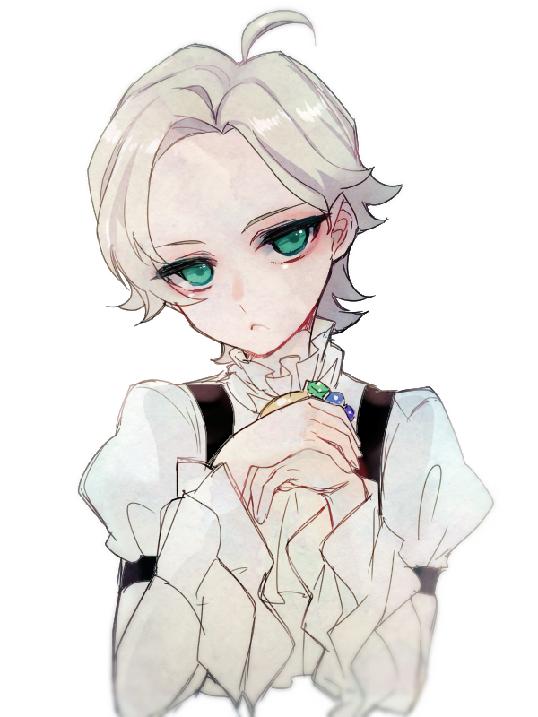 0m_eat, 1boy, blonde_hair, classicaloid, closed_mouth, green_eyes, long_sleeves, looking_at_viewer