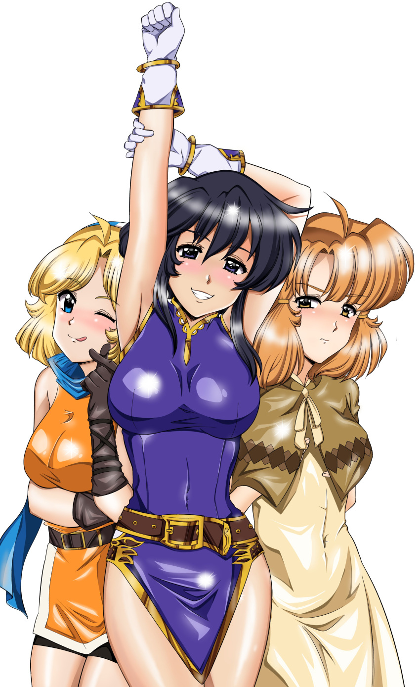 1990s_(style), 3girls, :t, ;p, absurdres, ahoge, arm_under_breasts, arms_up