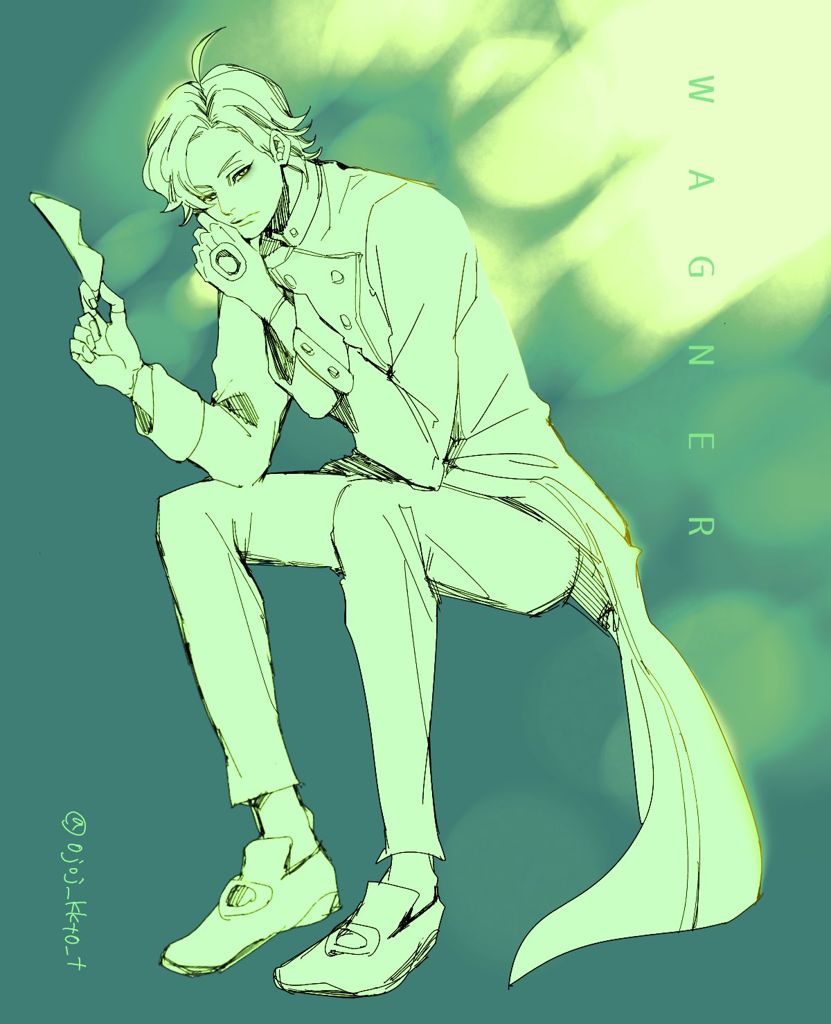 1boy, character_name, classicaloid, closed_mouth, coat, full_body, green_theme, highres, holding, long_sleeves, looking_at_viewer, male_focus, monochrome, ojoj_kkto_t, pants, richard_wagner_(classicaloid), shoes, short_hair, sitting, solo