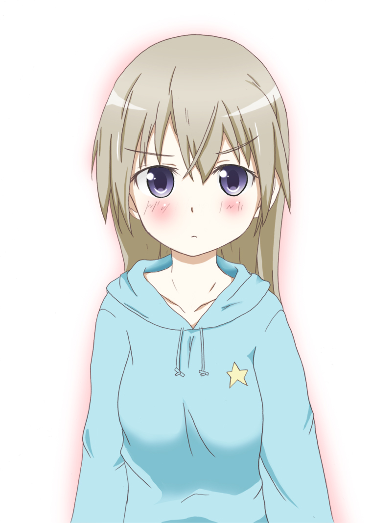 blonde_hair, blue_eyes, blush, eila_ilmatar_juutilainen, ende_(artist), hoodie, long_hair, solo