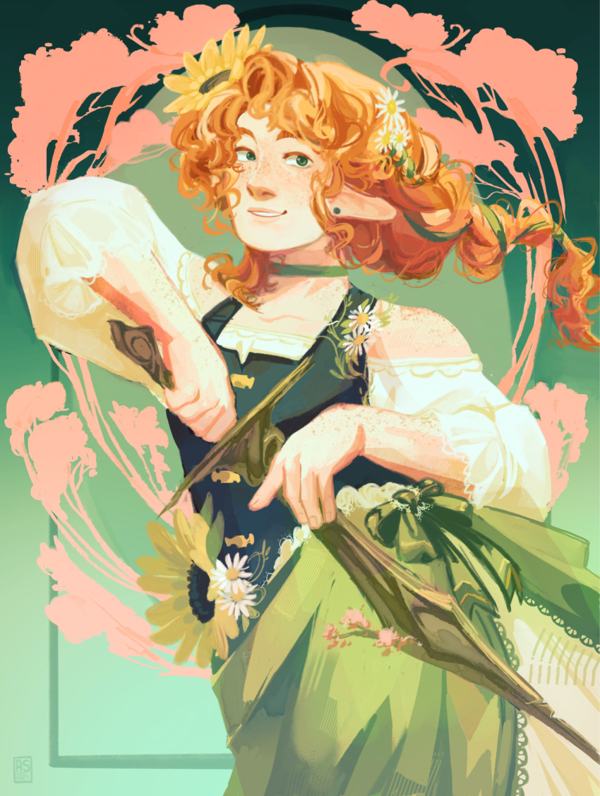 1girl, applestruda, body_freckles, braid, choker, curly_hair, daisy, drawing_sword