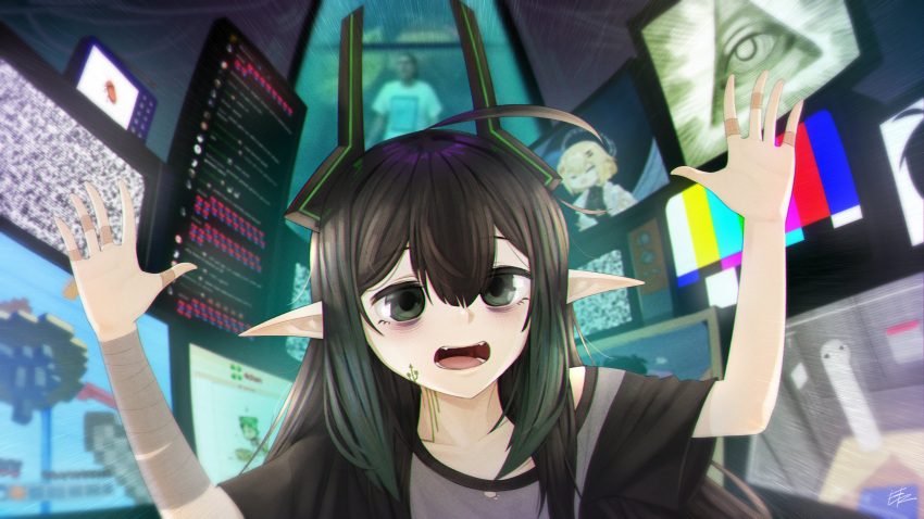 1girl, 4chan, absolute_cinema_(meme), absurdres, bags_under_eyes, bandaged_arm, bandages, bandaid_on_finger