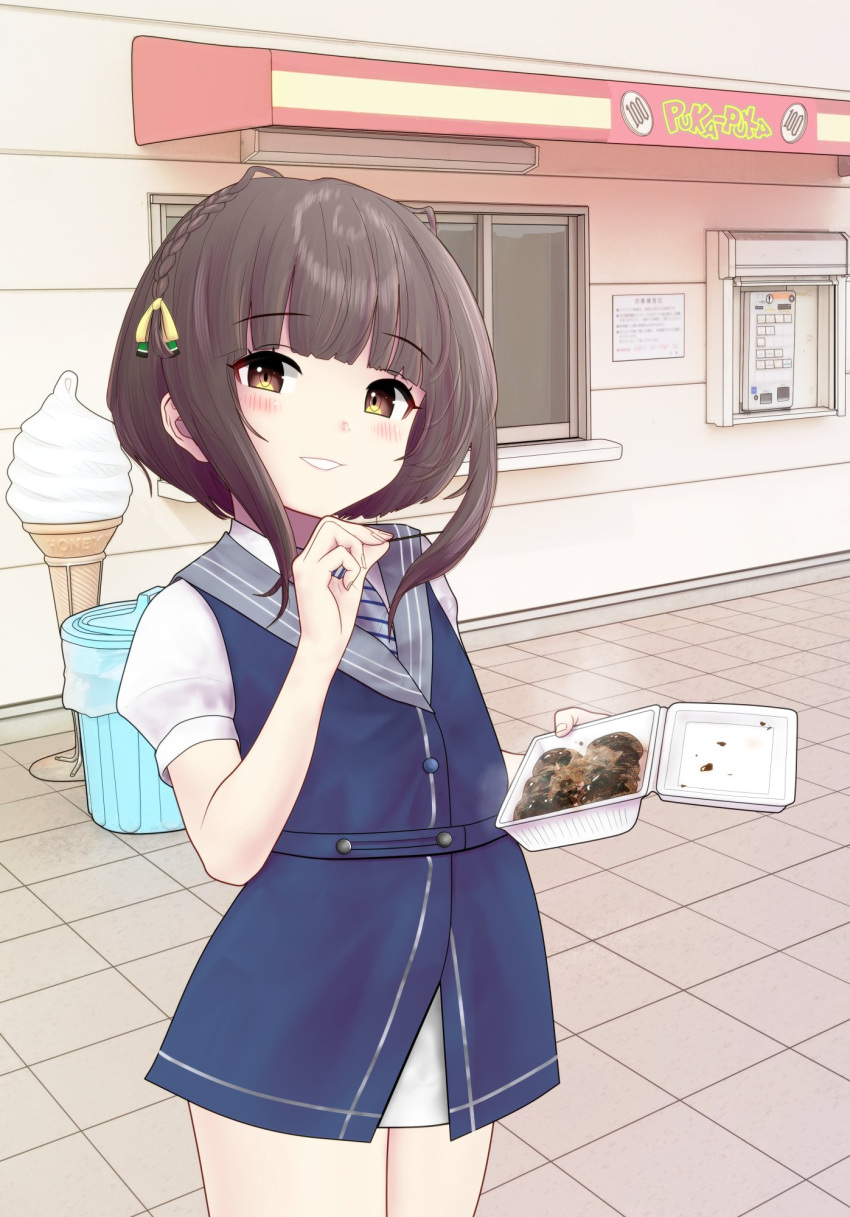 1girl, black_hair, blunt_bangs, blush, braid, brown_eyes, commentary_request, dress