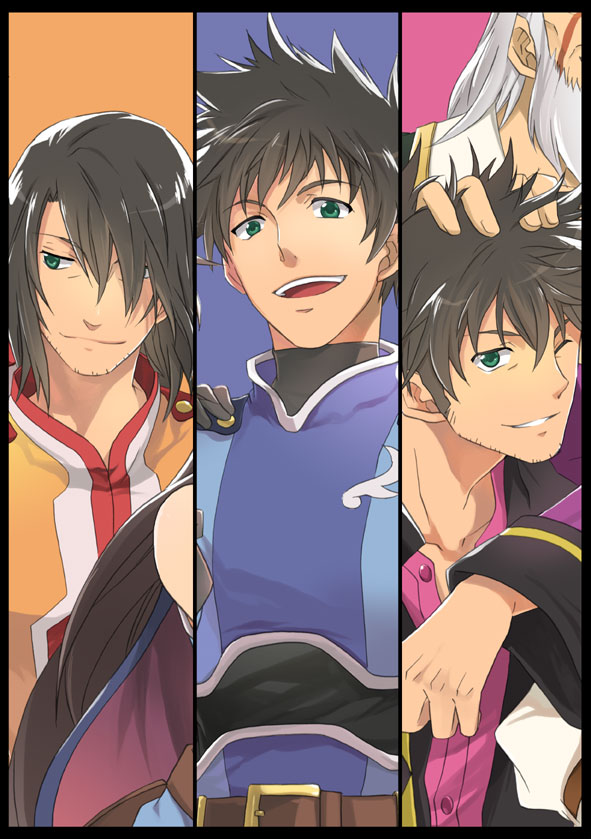 ayumiso, beard, black_hair, damuron_atomaisu, don_whitehorse, facial_hair, green_eyes, male, multiple_boys, multiple_persona, open_mouth, raven, raven_(tov), schwann_oltorain, spoilers, stubble, tales_of_(series), tales_of_vesperia, white_hair, wink