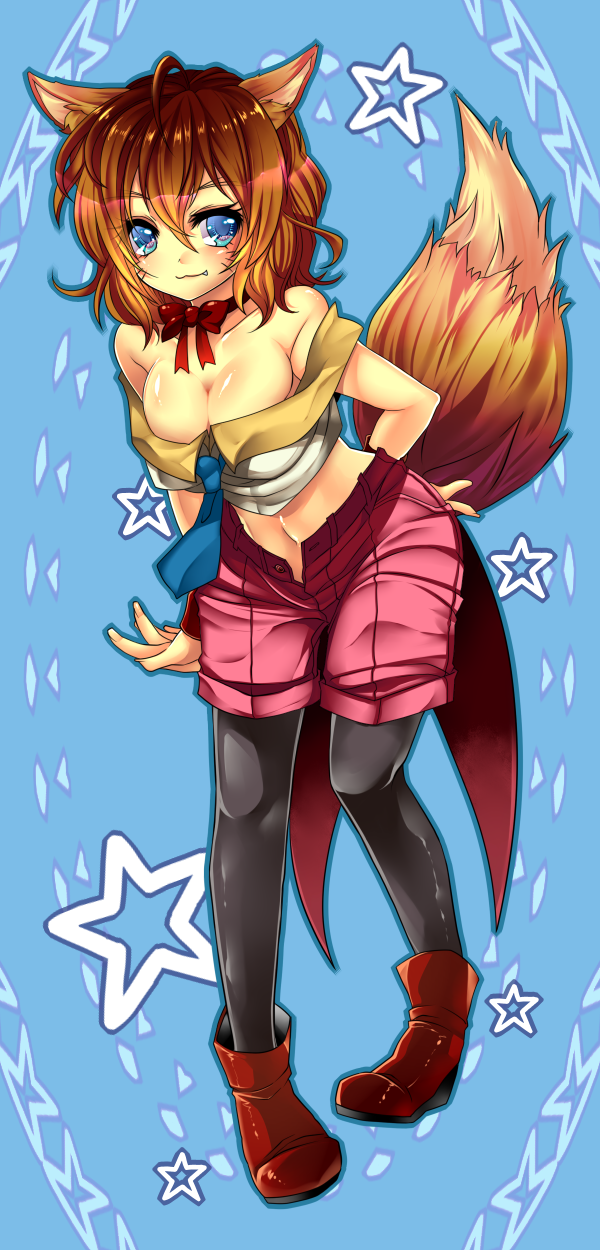 01jou, animal_ears, arms_behind_back, bare_shoulders, black_legwear, black_pantyhose, blue_eyes, boots, bow_tie, bowtie, breasts, brown_hair, cleavage, fang, female, fox_ears, fox_tail, highres, koto_(yu_yu_hakusho), legwear_under_shorts, midriff, navel, necktie, off_shoulder, onoe_junki, orange_hair, pantyhose, red_ribbon, ribbon, ribbon_choker, shiny, shiny_skin, short_hair, shorts, smile, solo, tail, unbuttoned, unzipped, whiskers, yu_yu_hakusho, yuu_yuu_hakusho