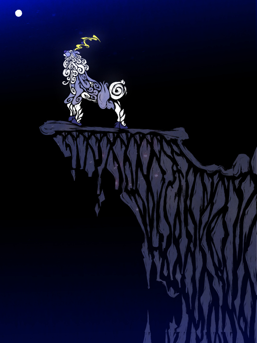 absurdres, animal_focus, antlers, cliff, from_side, full_body, full_moon, highres, horns, looking_up, moon, night, no_humans, pokemon, pokemon_(creature), pokemon_focus, sateetu, solo, wyrdeer