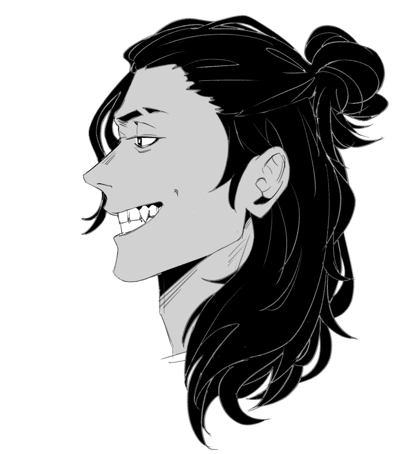 1boy, a_court_of_thorns_and_roses_(series), black_hair, cassian_(acotar), eyebrow_cut, fang, from_side, greyscale
