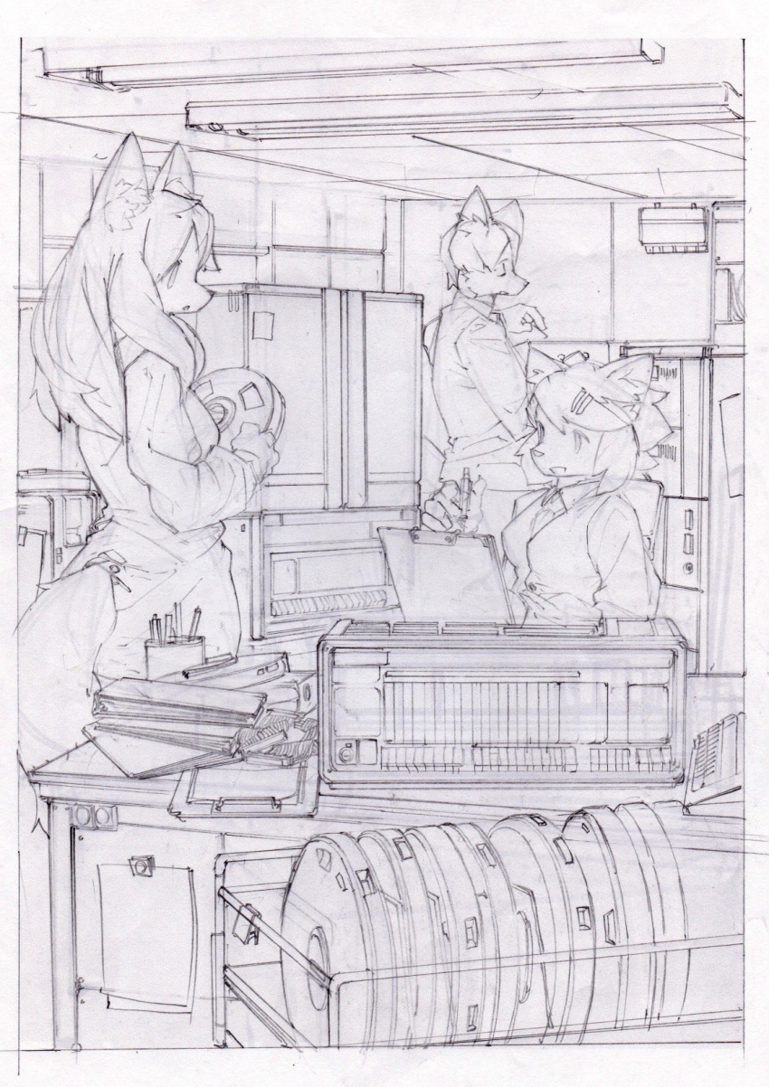 1boy, 2girls, animal_ear_fluff, animal_ears, animal_nose, binder, border, cart
