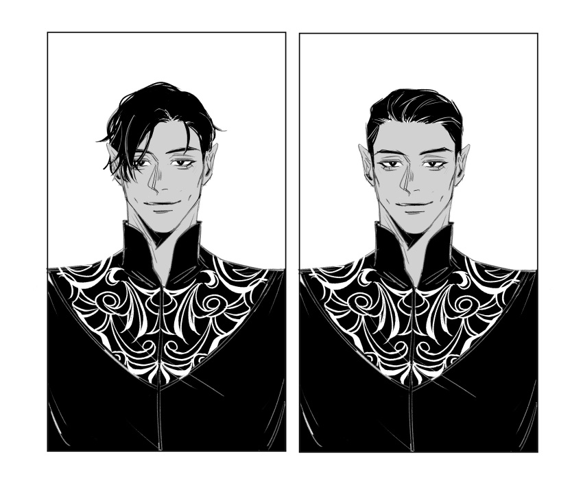 1boy, a_court_of_thorns_and_roses_(series), black_hair, border, closed_mouth, collar, greyscale, highres