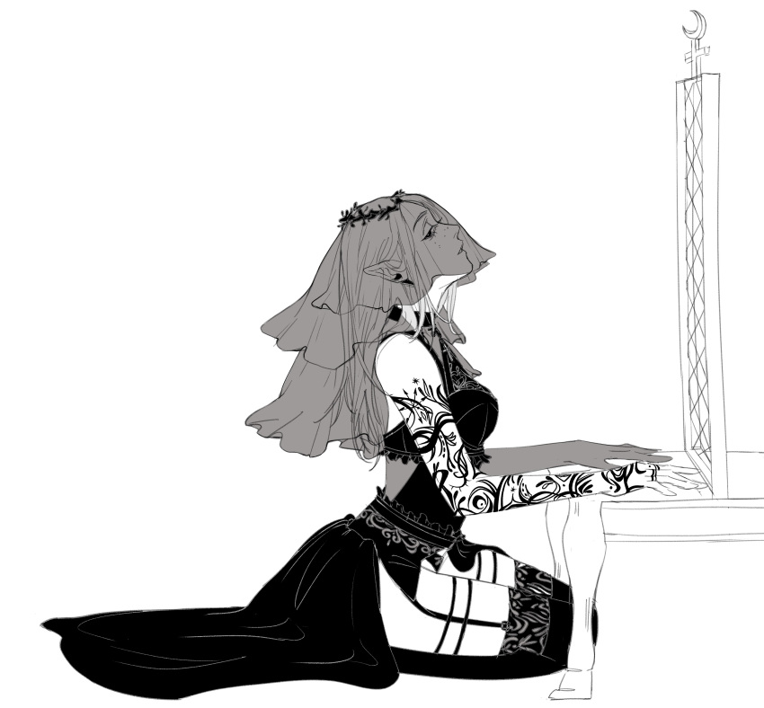 1girl, a_court_of_thorns_and_roses_(series), absurdres, arm_tattoo, breasts, dress, earrings, feyre_archeron