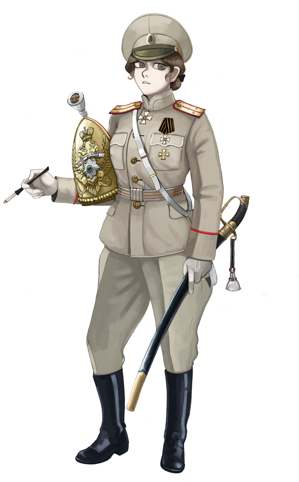 1girl, black_boots, boots, breast_pocket, breasts, brown_hair, cavalry_helmet, cigarette, cigarette_holder, clenched_teeth, cockade, cross_pendant, double-headed_eagle, full_body, gloves, gold_buttons, grey_eyes, grey_jacket, hat, helmet, highres, holding, holding_cigarette, holding_headgear, holding_helmet, imperial_insignia, imperial_russian_army, imperial_russian_flag, jacket, katyusha_(98269886), long_sleeves, looking_at_viewer, medium_breasts, military, military_uniform, original, peaked_cap, pocket, ribbon_of_saint_george, russia, russian_empire, saber_(weapon), sash, scabbard, sheath, short_hair, shoulder_belt, shoulder_boards, solo, standing, sword, sword_knot, teeth, two-headed_eagle, waist_sash, weapon, white_gloves, white_sash, world_war_i