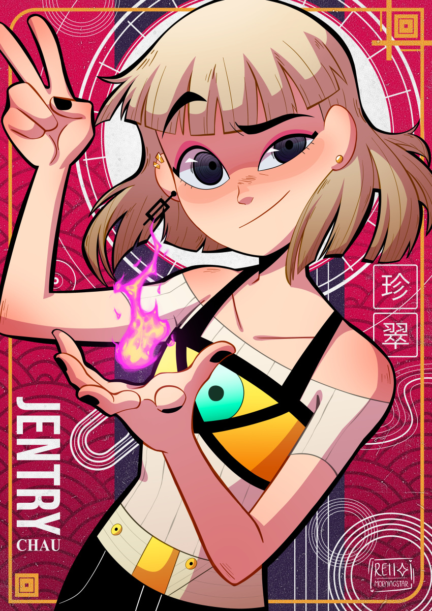 1girl, abstract_background, absurdres, black_eyes, blonde_hair, breasts, character_name, ear_piercing