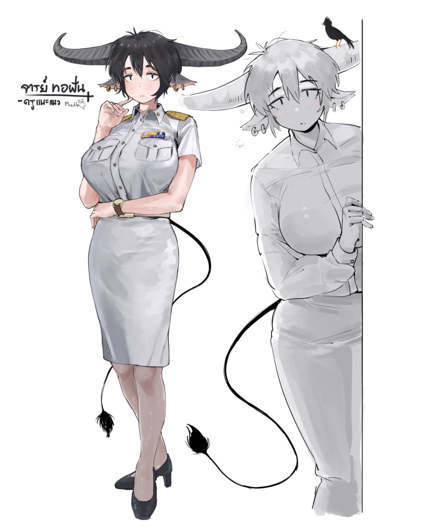 1girl, animal_ears, bird, black_hair, cow_ears, cow_girl, cow_horns, cow_tail, high_heels, highres, horns, maikamiaka, multiple_piercings, original, pantyhose, short_hair, tail, translation_request, watch, watch, white_background