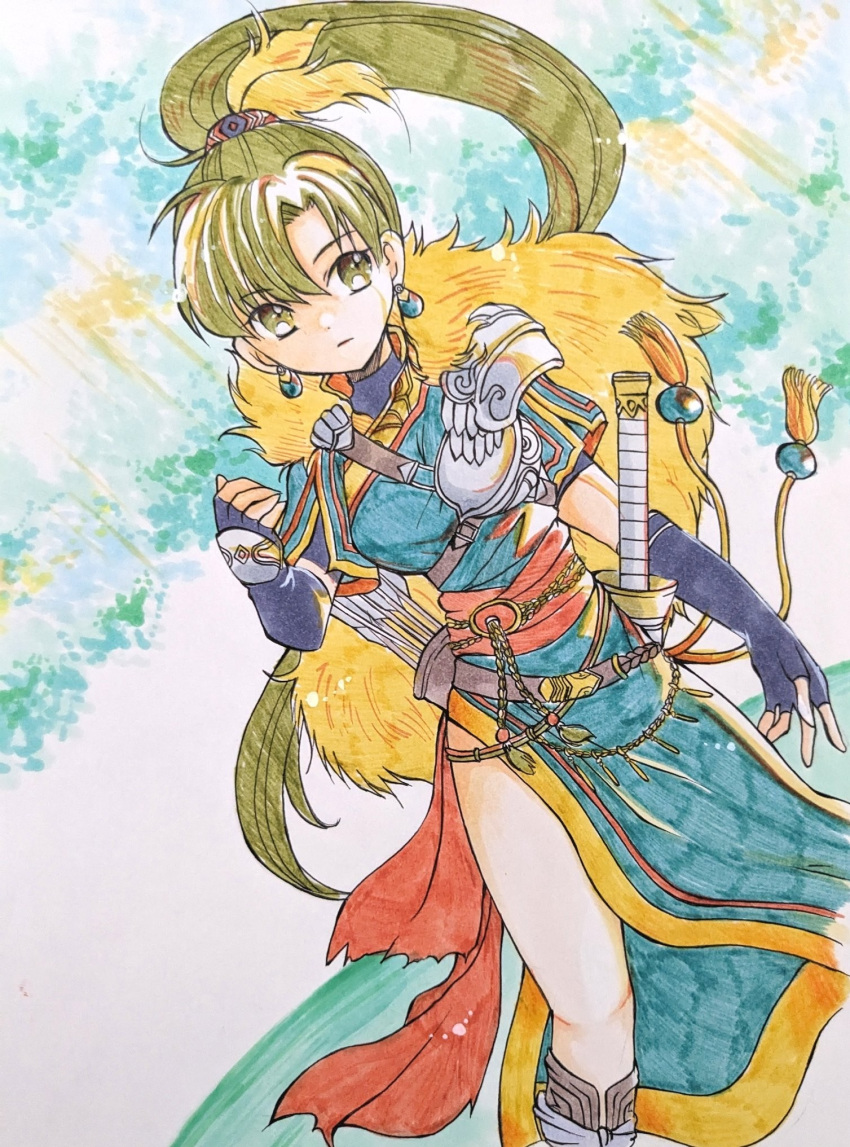 1girl, black_gloves, blue_dress, chika_1, dress, earrings, fingerless_gloves, fire_emblem