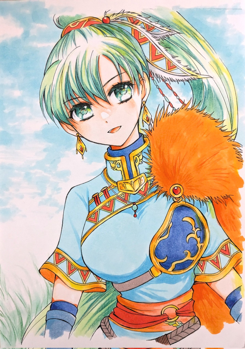 1girl, blue_dress, blue_sky, cape, chika_1, dress, earrings, fire_emblem