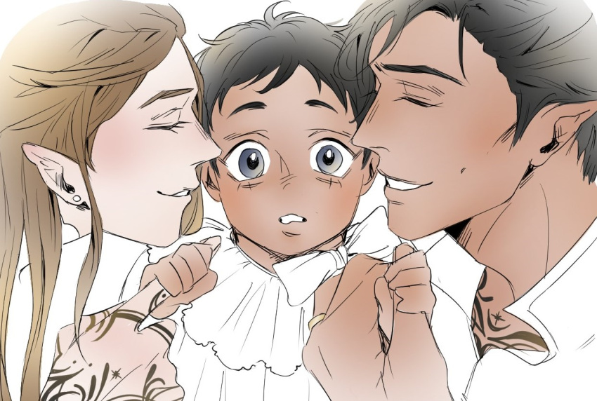 1girl, 2boys, a_court_of_thorns_and_roses_(series), baby, black_hair, blush, bow, brown_hair