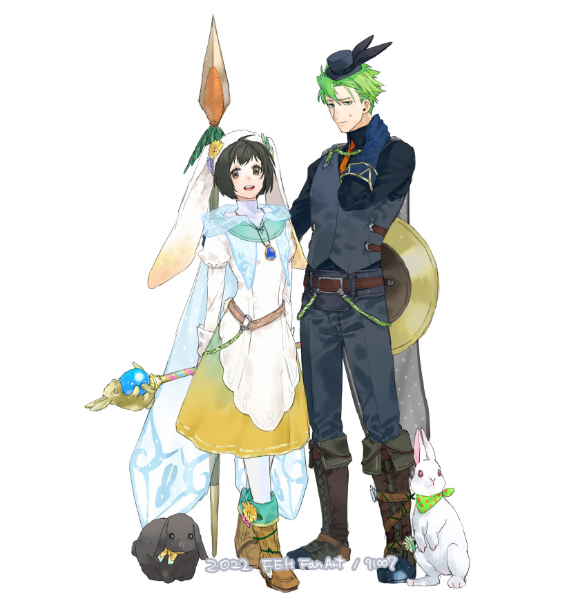 1boy, 1girl, 91007, absurdres, ahoge, alternate_costume, animal, animal_ears