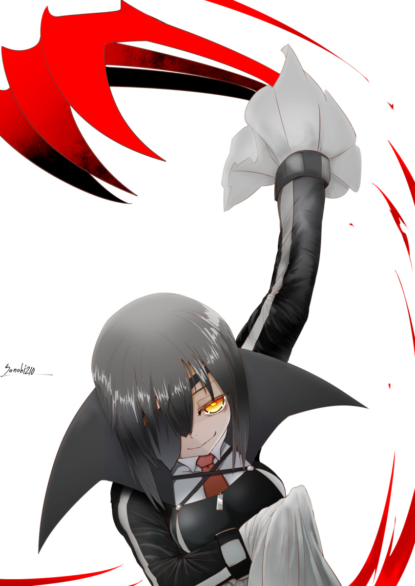 1girl, black_coat, black_hair, claws, coat, eyepatch, highres, kure_kirika