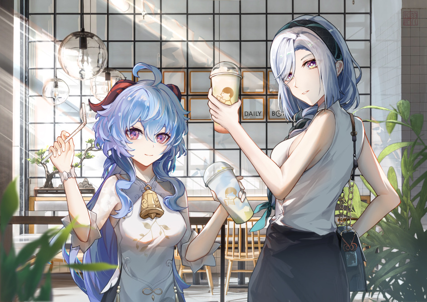 2girls, absurdres, alternate_costume, bag, bare_shoulders, blue_hair, chair, dress
