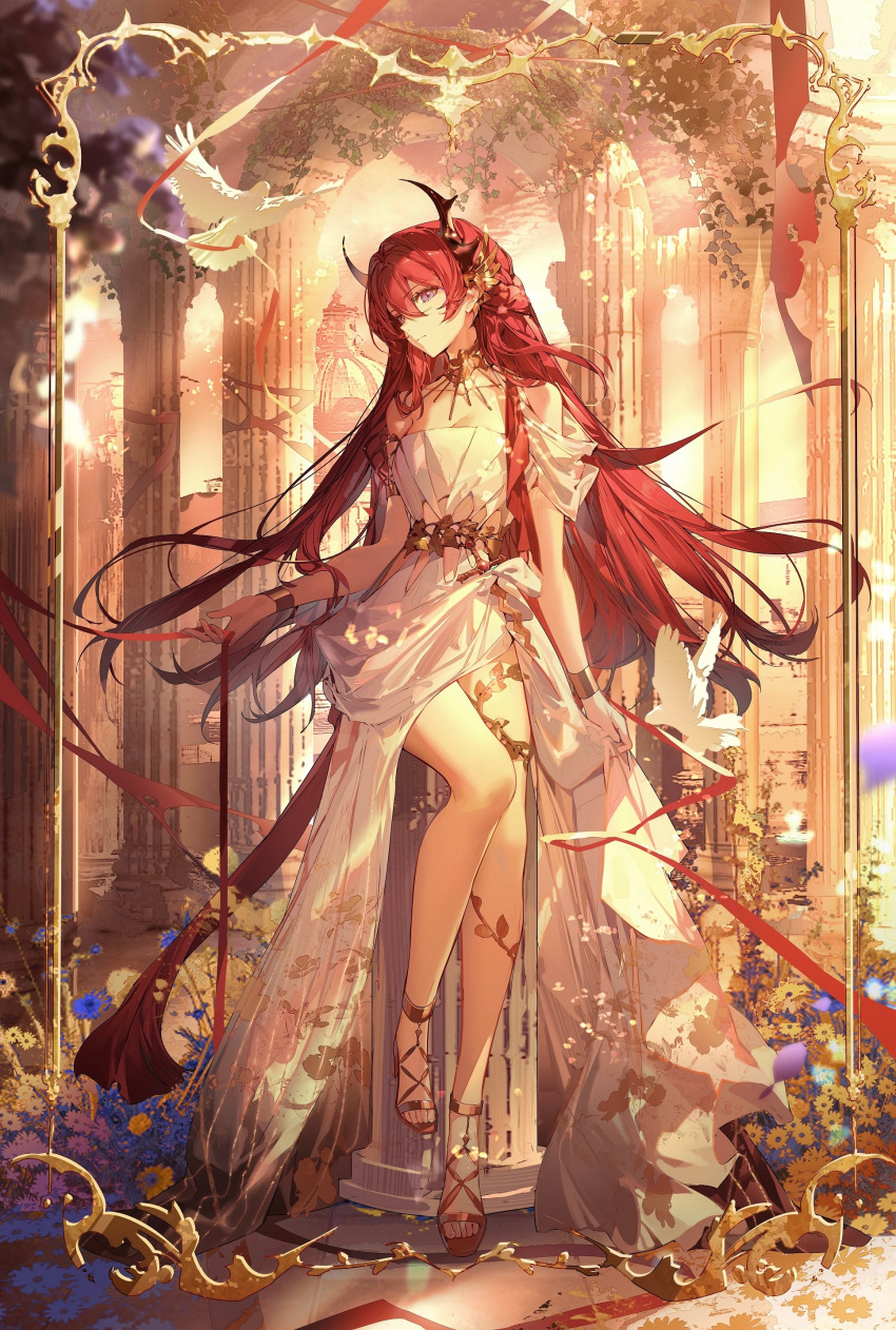 1girl, absurdres, ambience_synesthesia, architecture, arknights, bird, black_horns, breasts