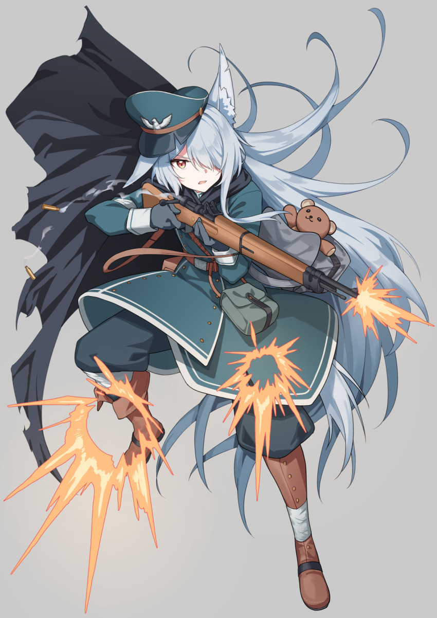 1girl, animal_ear_fluff, animal_ears, asymmetrical_footwear, bag, black_cape, black_pants, blue_hat