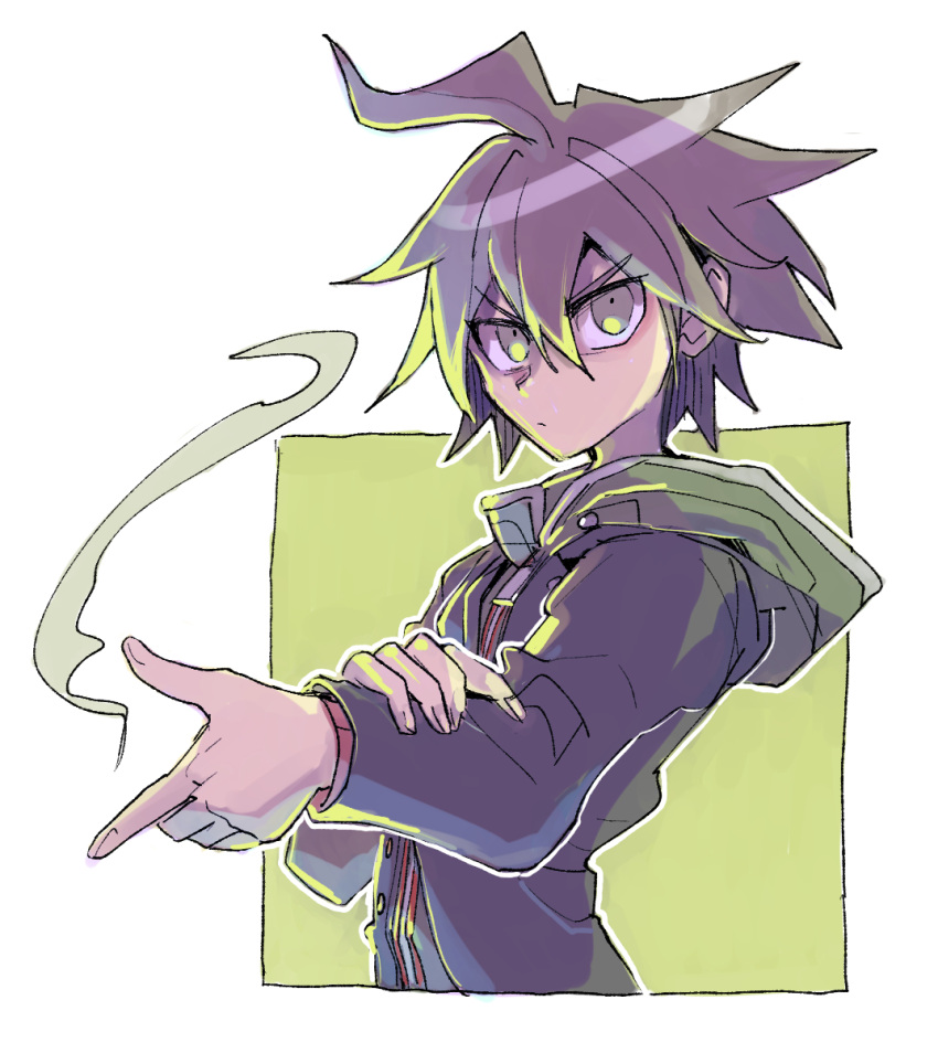 1boy, ahoge, border, brown_eyes, brown_hair, closed_mouth, danganronpa:_trigger_happy_havoc, danganronpa_(series)