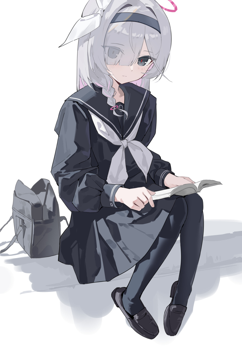1girl, absurdres, bag, black_pantyhose, black_serafuku, black_shoes, blue_archive, braid