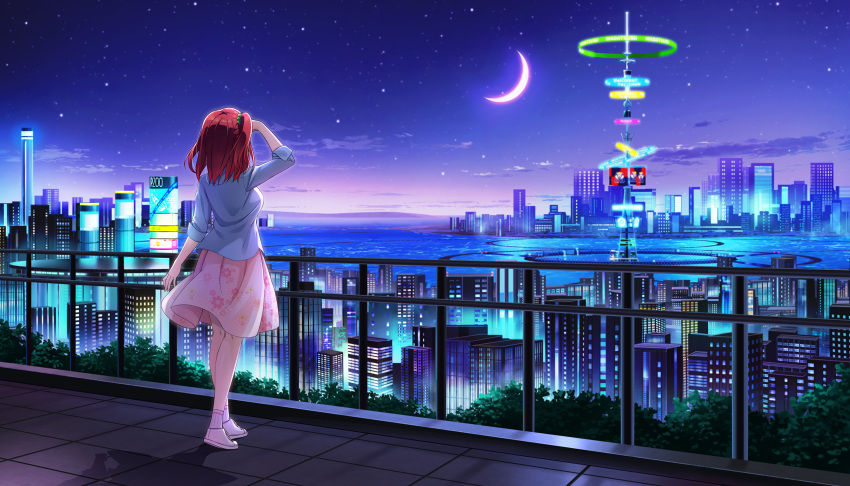 1girl, bird, blue_jacket, city_lights, cityscape, crescent_moon, dolphin_wave, from_behind