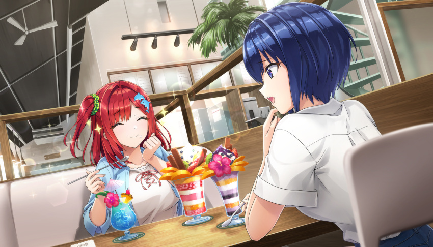 2girls, bird, blouse, blue_eyes, blue_hair, blue_jacket, blue_shirt, breasts