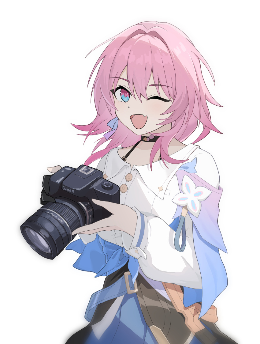 1girl, absurdres, black_choker, black_overskirt, blue_eyes, blue_jacket, blue_skirt, bra_strap, buttons, camera, camera_hold_pose_(han-0v0), chinese_commentary, choker, earrings, fang, flower_ornament, gradient_clothes, gradient_jacket, hair_intakes, hejiaqi, highres, holding, holding_camera, honkai:_star_rail, honkai_(series), jacket, jewelry, long_sleeves, looking_at_viewer, march_7th_(honkai:_star_rail), march_7th_(preservation)_(honkai:_star_rail), medium_hair, multicolored_eyes, off-shoulder_jacket, off_shoulder, one_eye_closed, open_mouth, overskirt, pink_eyes, pink_hair, pink_jacket, pink_pupils, shirt, simple_background, single_earring, skin_fang, skirt, smile, solo, tied_jacket, two-tone_eyes, underbust, upper_body, white_background, white_shirt
