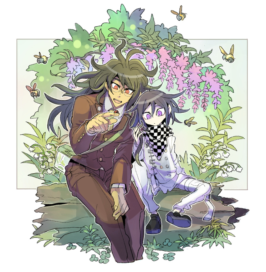 2boys, bee, black_hair, brown_jacket, brown_pants, bug, danganronpa_(series), danganronpa_v3:_killing_harmony