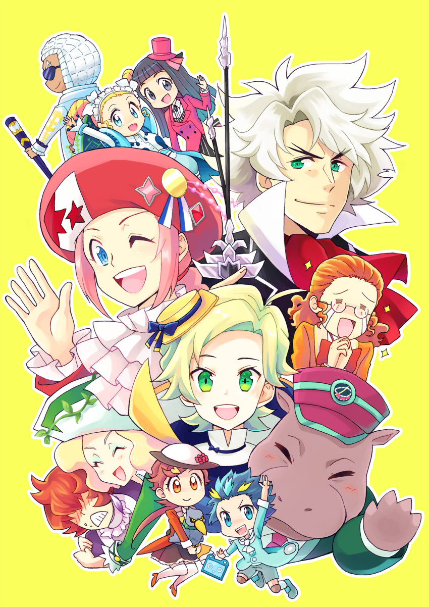 4girls, 6+boys, antonin_dvorak_(classicaloid), ascot, bird, blonde_hair, blue_shirt, blush