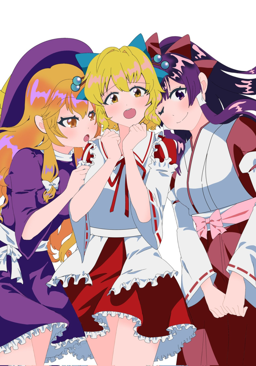 3girls, blonde_hair, blue_bow, bow, detached_sleeves, dress, frilled_skirt, frills, hair_bow, hair_ornament, hair_tubes, hakama, hakurei_reimu, hakurei_reimu_(pc-98), hat, highres, holding_another's_arm, japanese_clothes, kataginu, kimono, kirisame_marisa, kirisame_marisa_(pc-98), long_hair, long_sleeves, miko, multiple_girls, one_eye_closed, open_mouth, orange_eyes, pink_bow, purple_dress, purple_hair, red_bow, red_hakama, red_skirt, ribbon, satsuki_rin, shizuku_hky, short_hair, skirt, smile, touhou, touhou_(pc-98), violet_eyes, white_background, white_bow, white_kimono, wide_sleeves, witch_hat, yellow_eyes