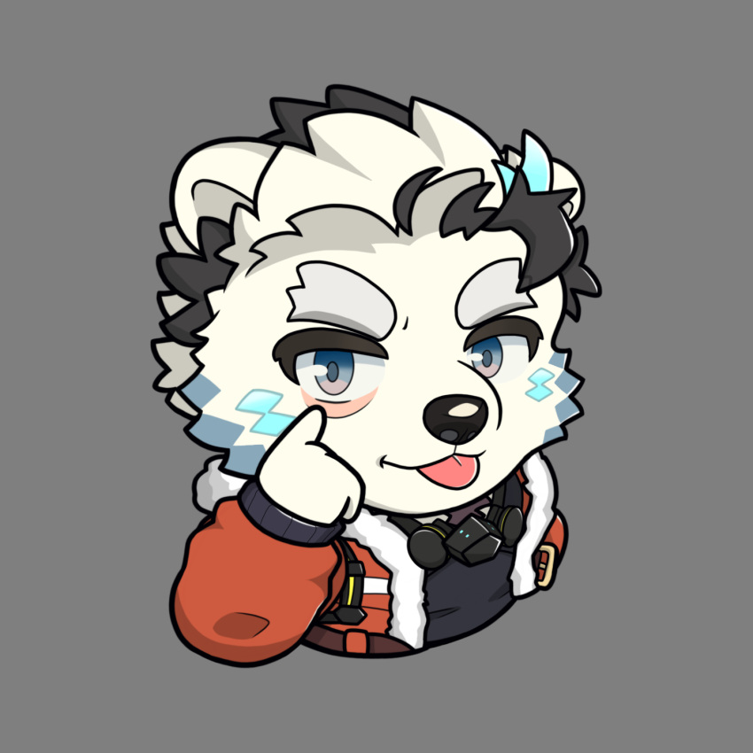 1boy, animal_ears, bear_boy, bear_ears, black_shirt, chibi, english_commentary, fur-trimmed_jacket