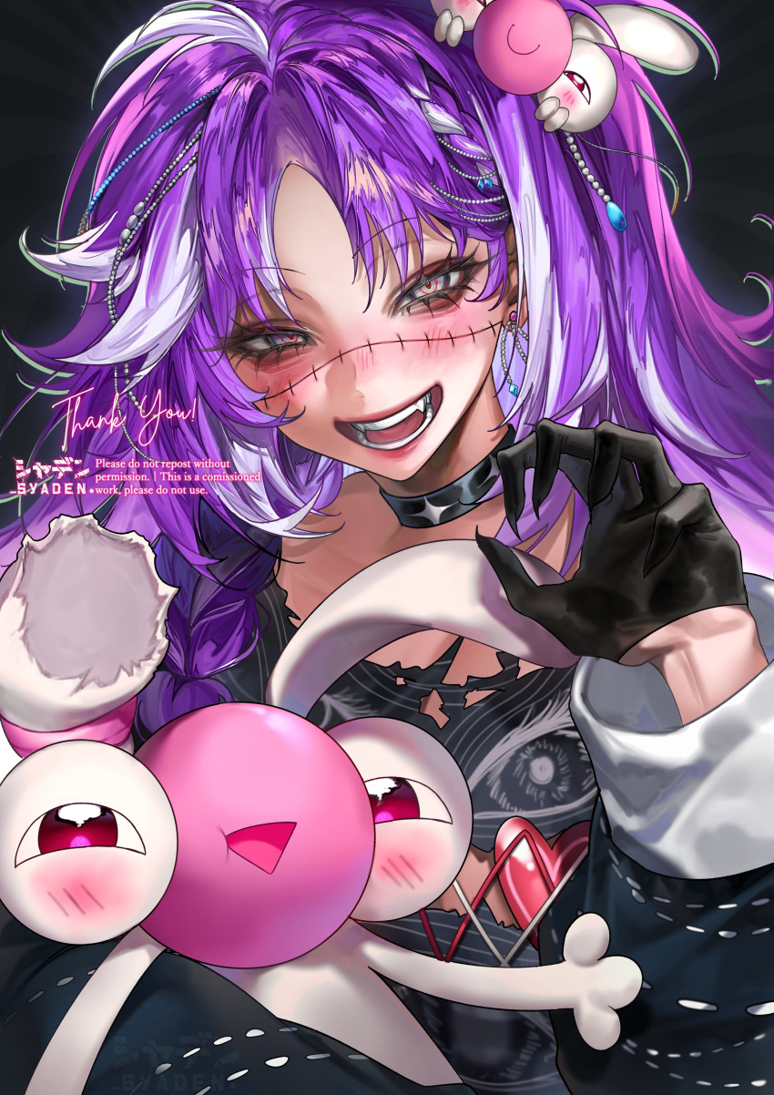 1girl, absurdres, aegyo_sal, artist_name, bags_under_eyes, black_choker, black_gloves, black_shirt, blush, braid, choker, claw_pose, cleavage_cutout, clothing_cutout, commission, creature_on_head, earrings, english_commentary, eyelashes, fangs, gloves, highres, jared_(michi_mochievee), jewelry, long_hair, long_sleeves, looking_at_viewer, merchandise_available, michi_mochievee, michi_mochievee_(1st_costume), multicolored_hair, open_mouth, purple_hair, shirt, smile, solo, stitched_face, stitches, streaked_hair, syaden, teeth, thank_you, torn_clothes, torn_shirt, upper_body, virtual_youtuber, vshojo, watermark, white_hair