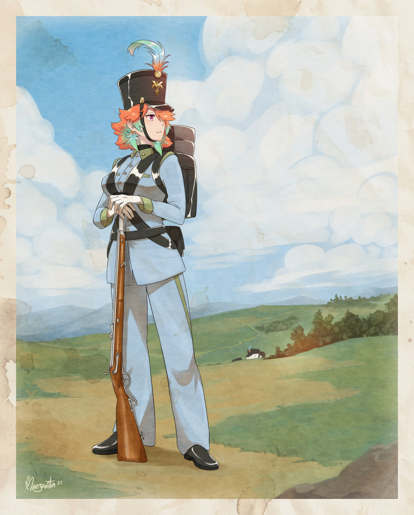 1girl, absurdres, alternate_costume, backpack, bag, bird, blue_jacket, blue_sky