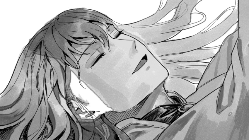 1boy, ascot, brooch, closed_eyes, eyelashes, fate/grand_order, fate_(series), greyscale