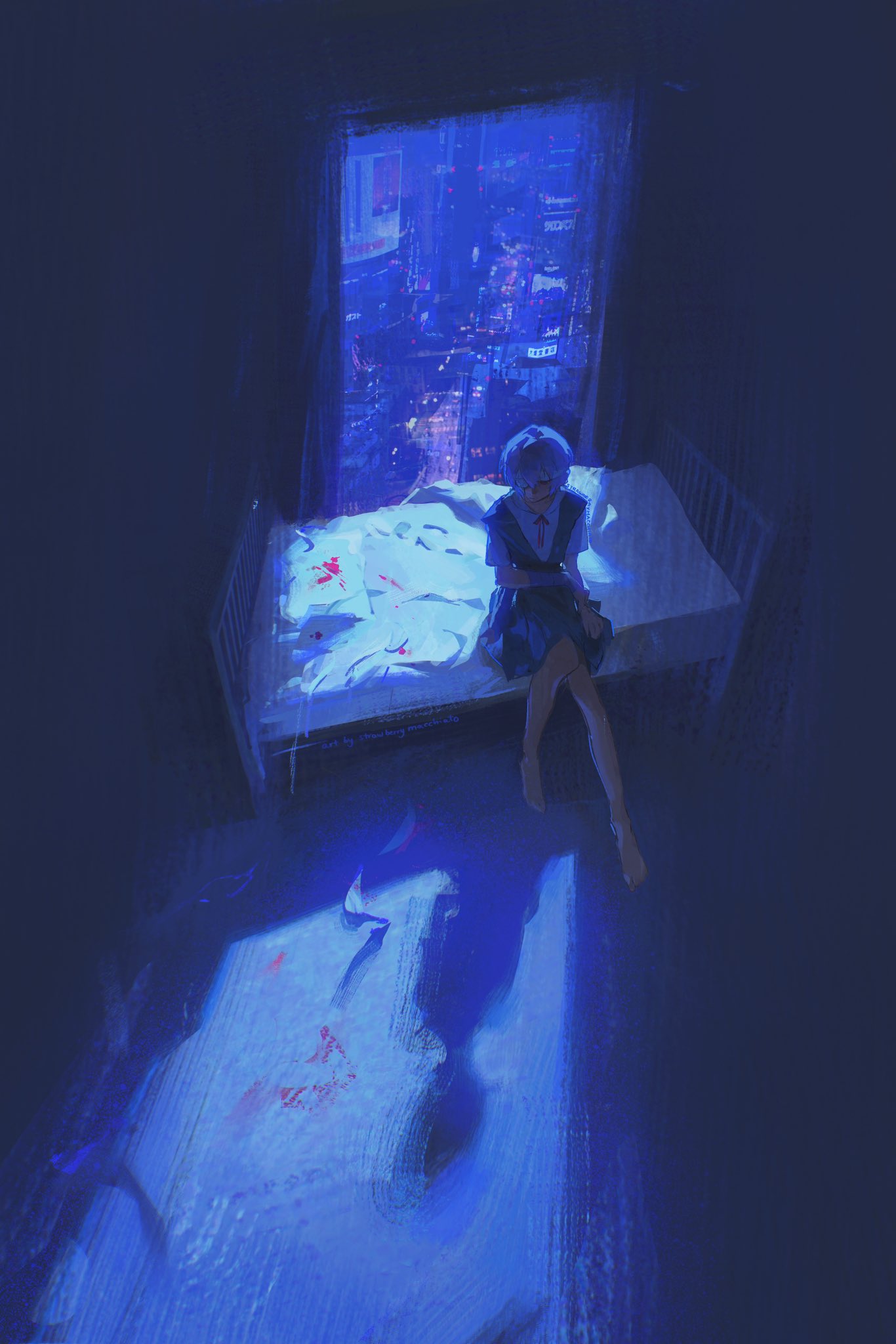 1girl, ayanami_rei, barefoot, bed, blood, blood_on_ground, blood_on_pillow, blue_hair
