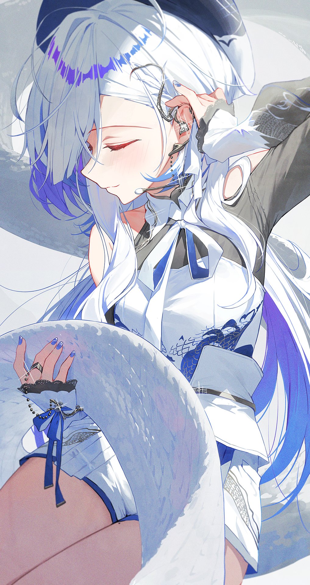 1girl, blue_hair, blue_nails, closed_eyes, closed_mouth, hand_up, hebi_(vtuber), highres